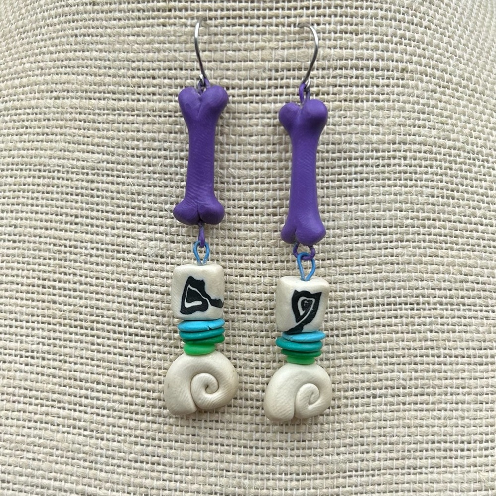 Vintage 1990's Handmade Polymer Clay Dangle Earrings Purple Bone Swirls